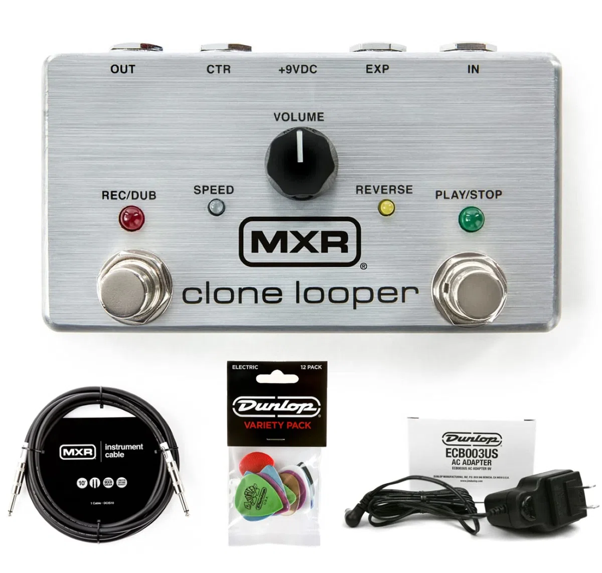 MXR M303 - Paquete de pedal Clone Looper con fuente de alimentación Dunlop ECB003, paquete de selección variada Dunlop y cable de instrumento MXR de 10 pies (M303Bundle)