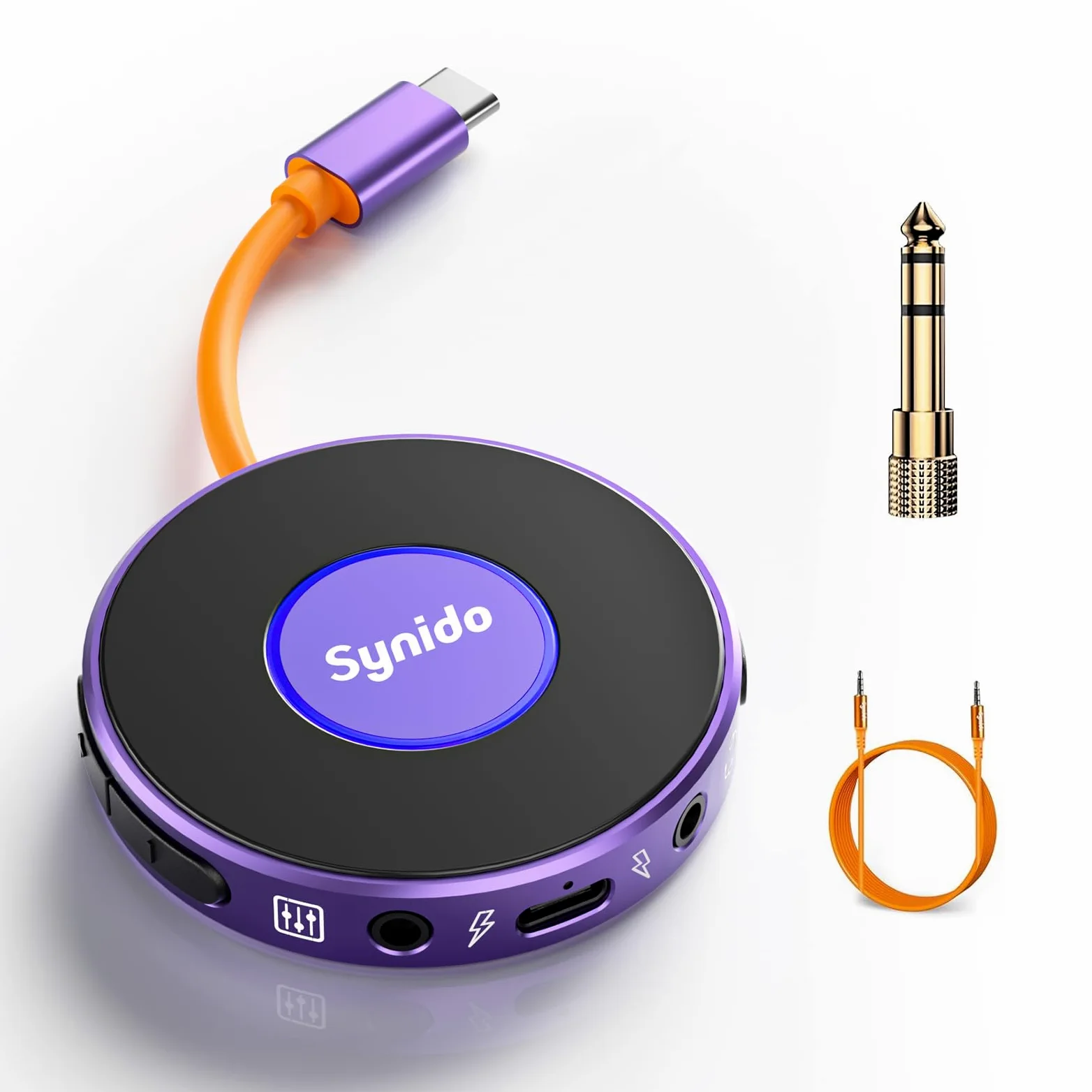 Synido Interfaz de audio portátil para guitarra con USB-C 24 bits, mini interfaz 48 kHz para grabar y transmitir música con entrada de instrumento y monitoreo de auriculares
