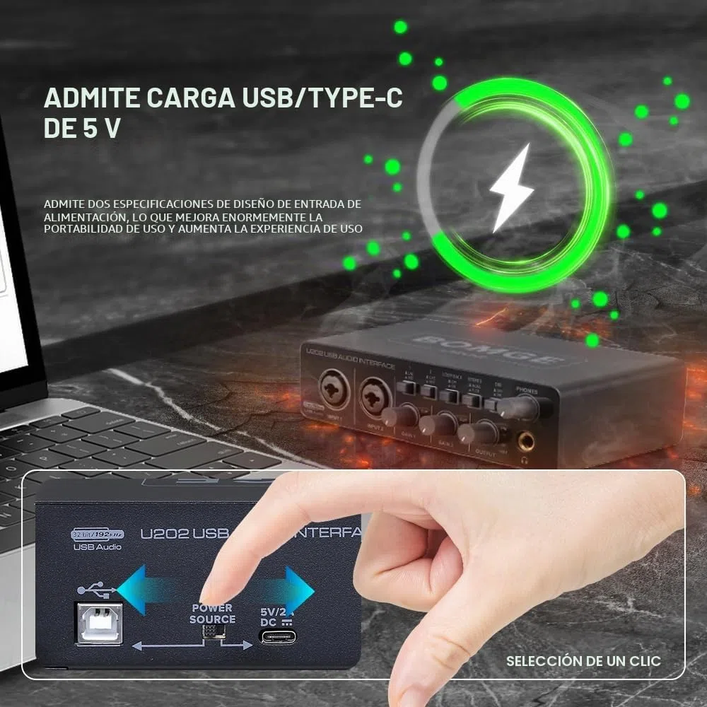 BOMGE U202 Interfaz de audio USB con preamplificador de micrófono XLR/TSR/TS, 48V, resolución de 32 bits/192kHz para grabación en computadora, streaming, podcasting