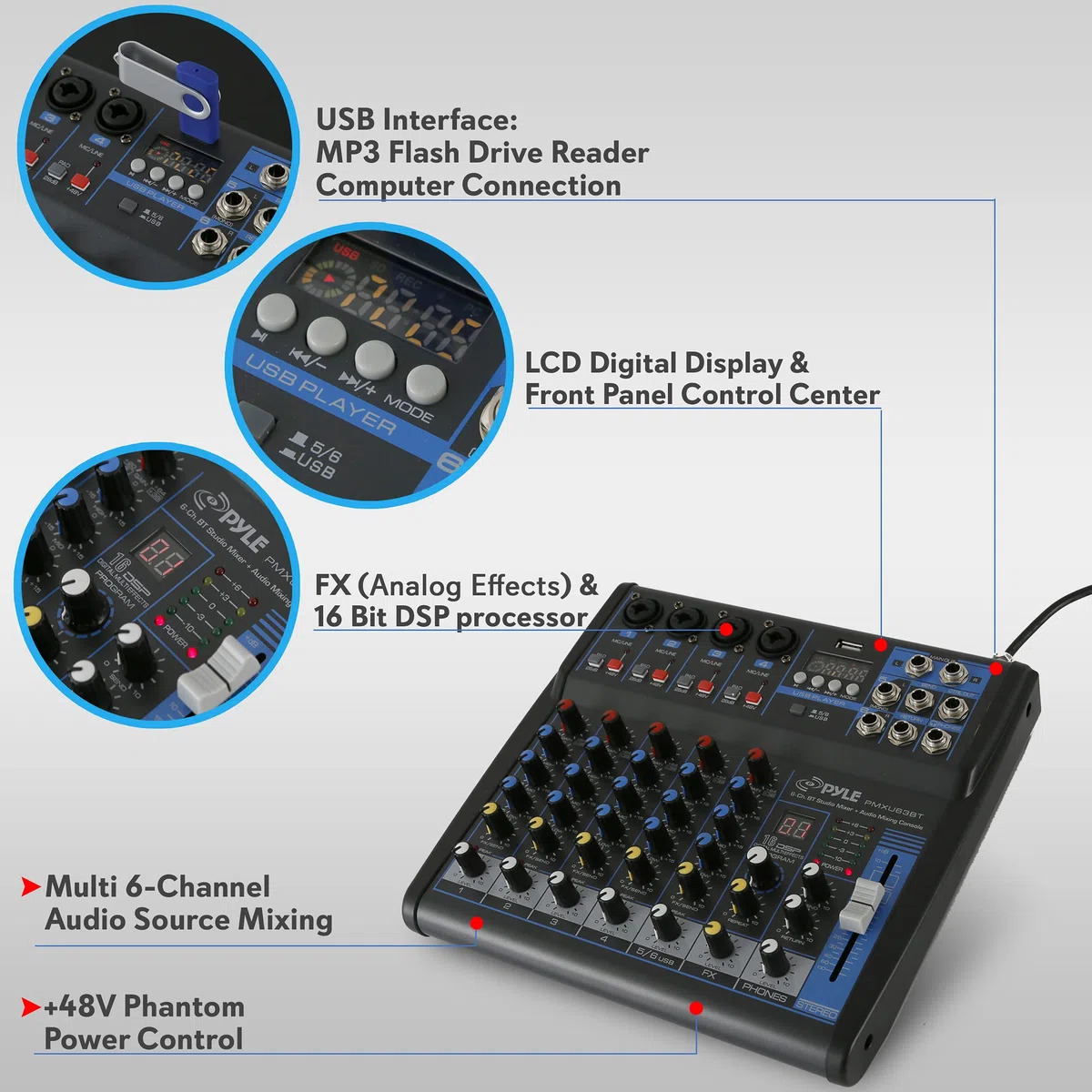 Pyle Consola de placa de sonido mezcladora de audio profesional, interfaz de sistema de escritorio con 6 canales, USB, Bluetooth, entrada de computadora digital MP3, alimentación fantasma de 48 V