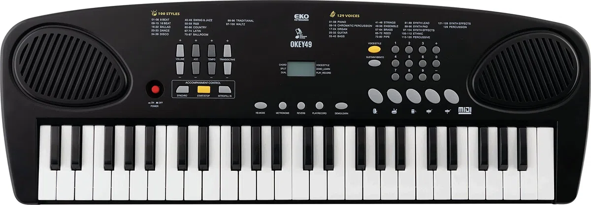 EKO Keyboards Okey - Teclado digital portátil de 49 teclas, 49 teclas, 49 teclas, mini 4 octavas, 129 sonidos, 100 estilos, compacto y ligero, ideal para la escuela secundaria, incluye estuche