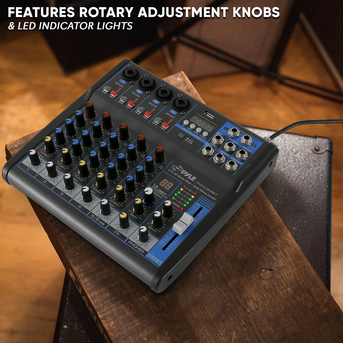 Pyle Consola de placa de sonido mezcladora de audio profesional, interfaz de sistema de escritorio con 6 canales, USB, Bluetooth, entrada de computadora digital MP3, alimentación fantasma de 48 V