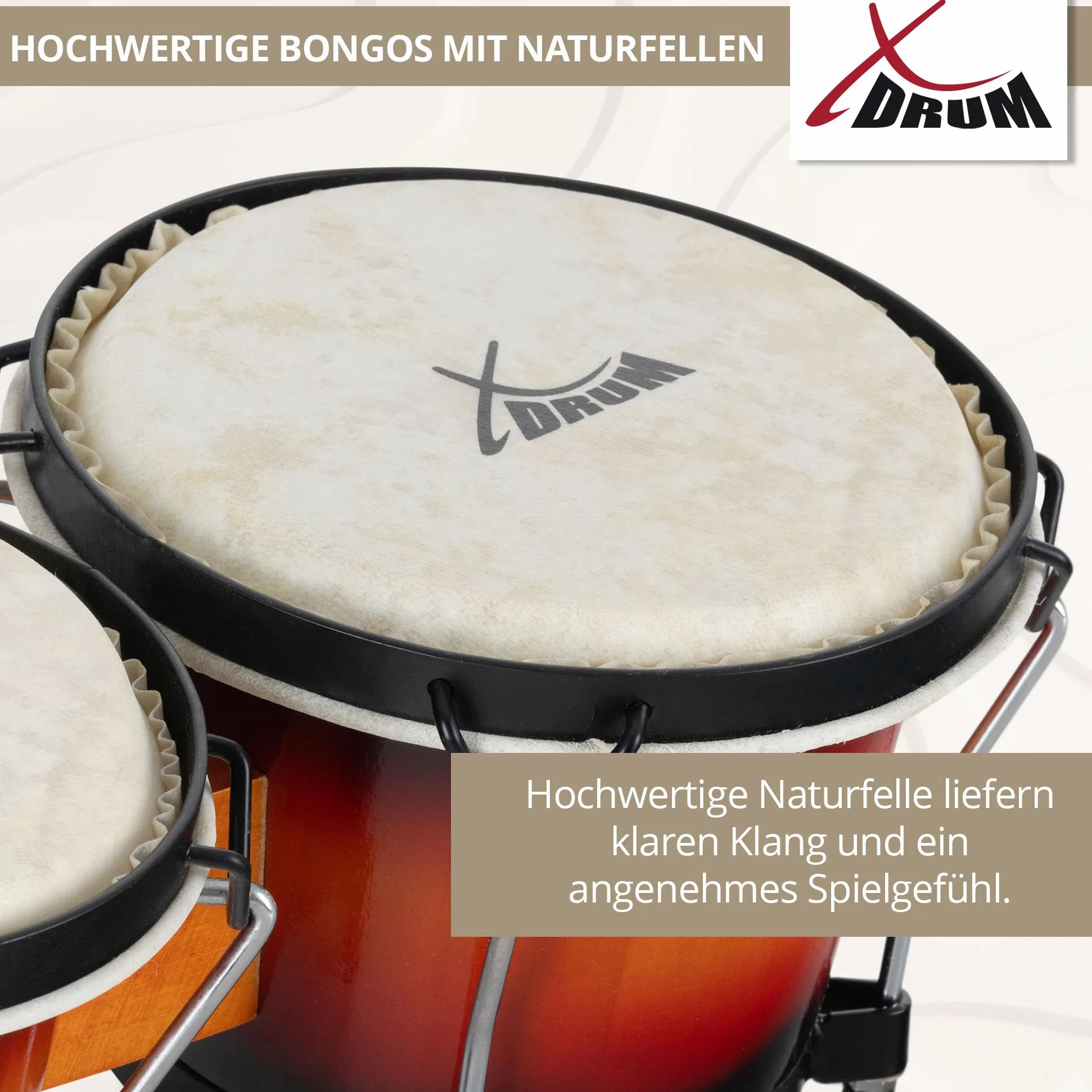 XDrum PERC Bongos Club Burdeos - 2 tambores de 6" y 7" - Bongos con parches naturales afinables y llave de afinación - Tambores de madera Vintage Sunburst