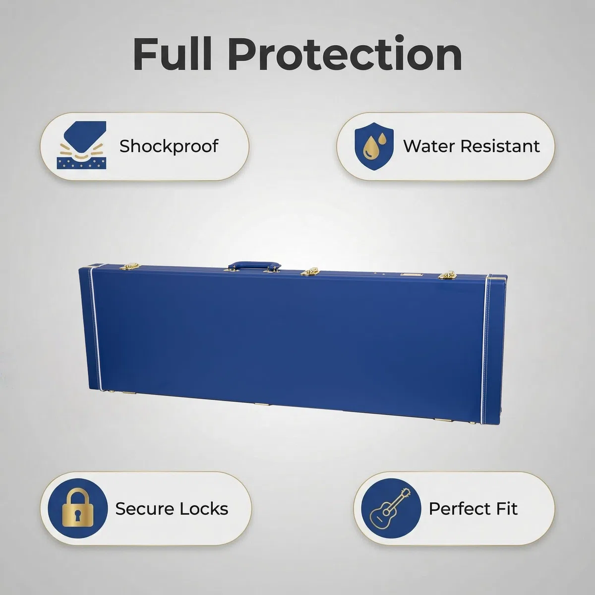 Crossrock Designer Series - Funda de Madera para Guitarras eléctricas Estilo Jazzmaster/Jaguar, Cerradura de Seguridad, Patas de Metal, Espacio de Almacenamiento, Azul Vibrante (CRW520JMVB), Azul