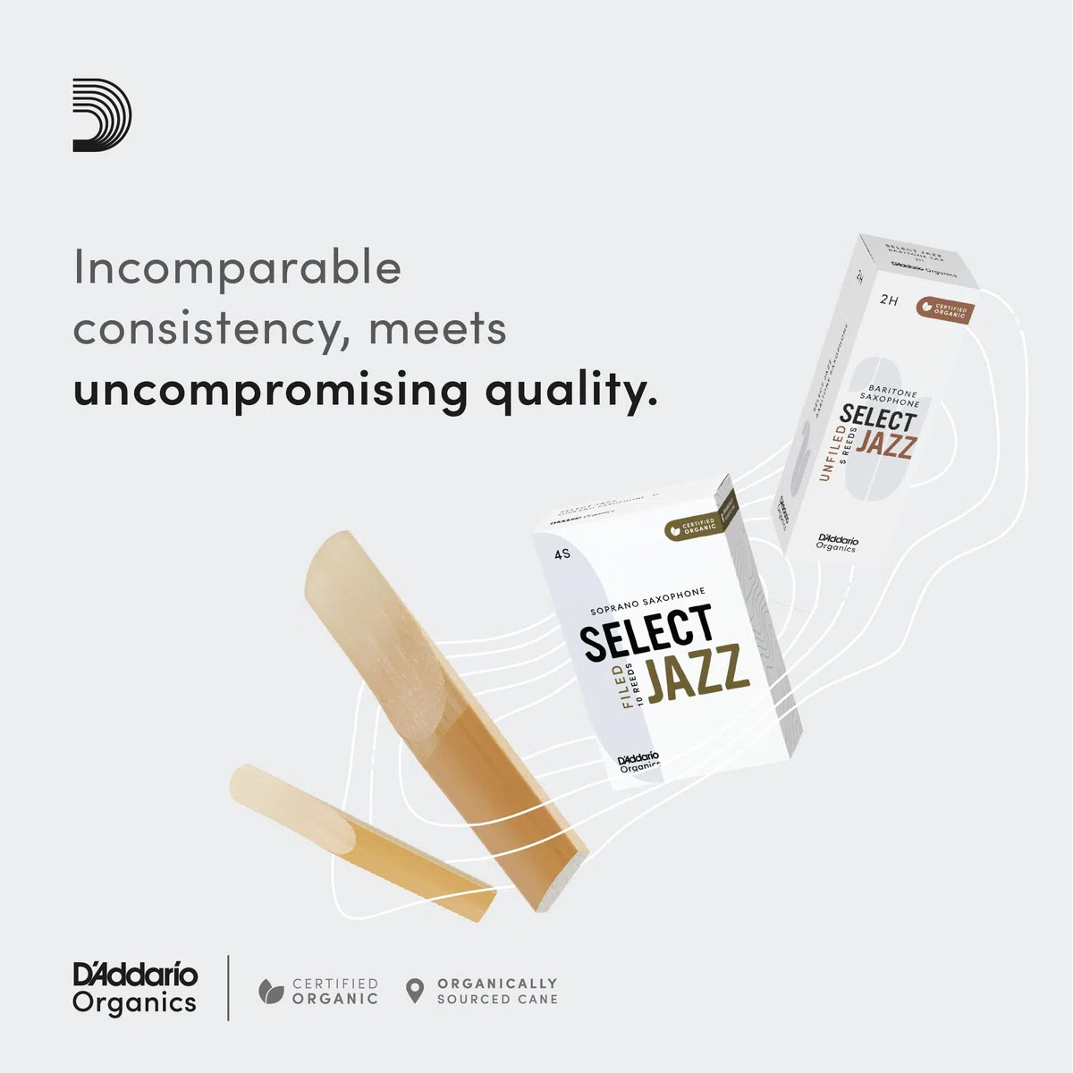 Cañas D'Addario Organic Select Jazz para saxofón tenor, sin lengüeta, fuerza 2 blanda, paquete de 25