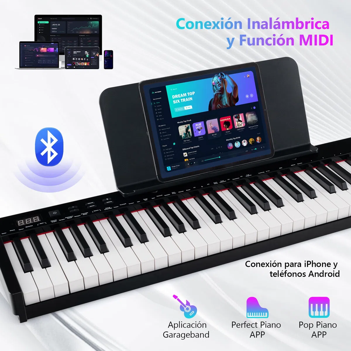 GOPLUS Teclado de Piano Eléctrico de 61 Teclas, Piano Digital con Soporte Ajustable y Taburete Teclas Semi-Pesadas, Función MIDI Audio Inalámbrica, Atril, Pedal de Sustain, Bolsa Portátil, Negro