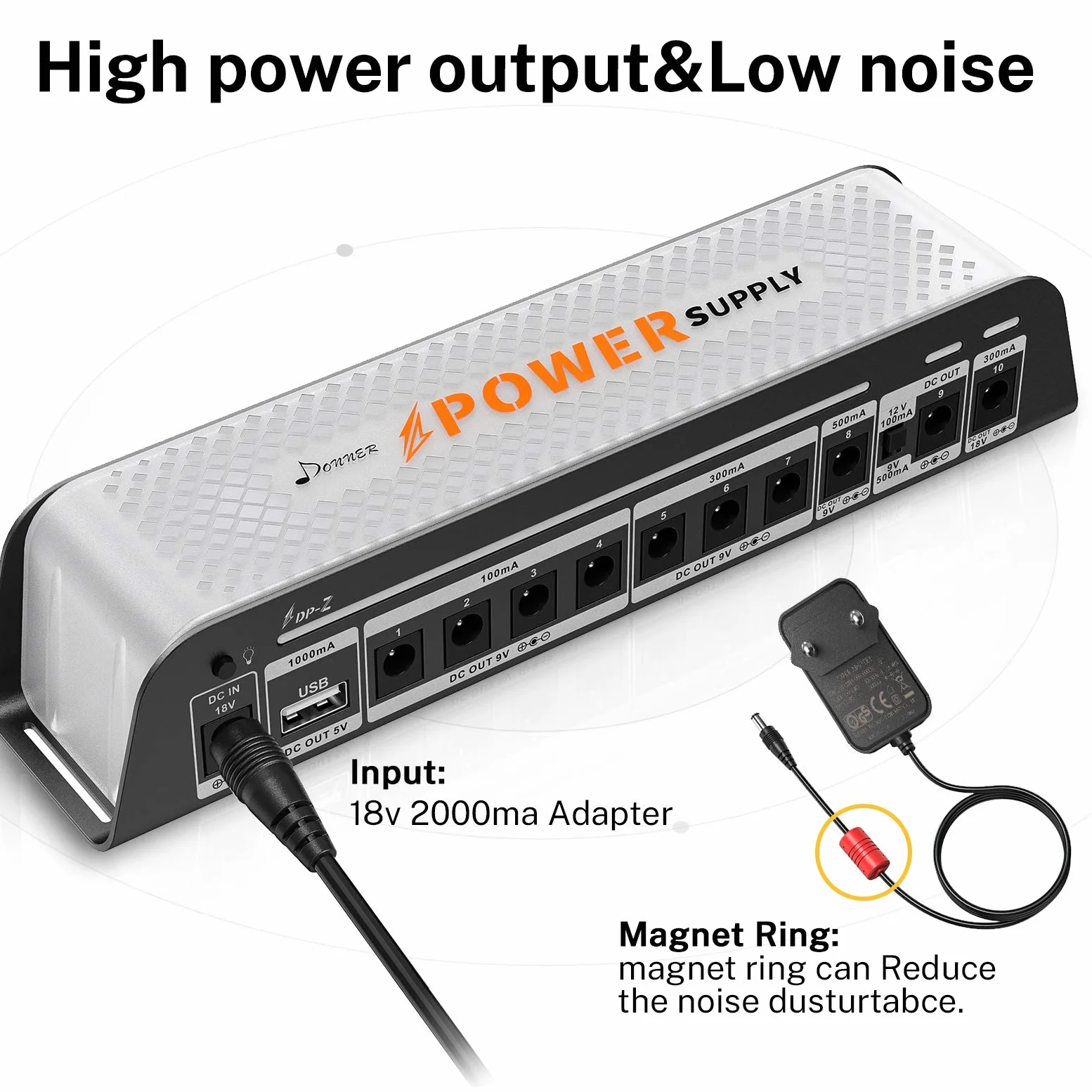 Donner DP-Z Fuente de alimentación para pedales de guitarra de 9V 10 salidas DC aisladas con puerto USB para pedales de efectos de 9V/12V/18V DC 18v 2000m de entrada