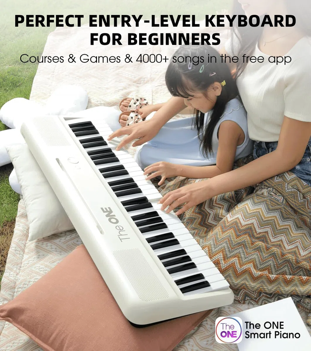 ONE COLOR 61 - Teclado inteligente con teclas iluminadas, piano eléctrico para principiantes con 256 tonos, 64 polifonía, led integradas y aplicaciones, compatible con USB MIDI/auriculares (blanco)