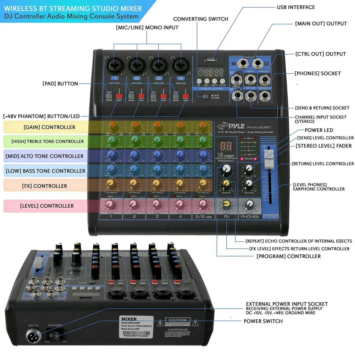 Pyle Consola de placa de sonido mezcladora de audio profesional, interfaz de sistema de escritorio con 6 canales, USB, Bluetooth, entrada de computadora digital MP3, alimentación fantasma de 48 V