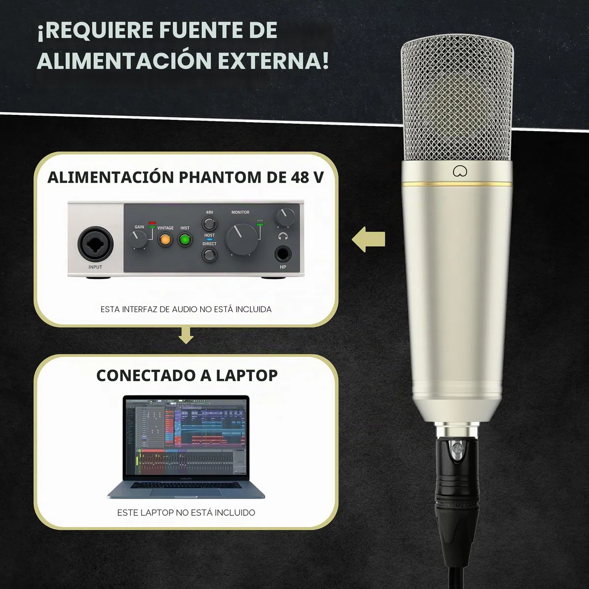 MA-67 Micrófono condensador de estudio dorado de 34 mm, incluye filtro Hydro Pop, soporte de metal, cable XLR y bolsa de micrófono - para producción musical
