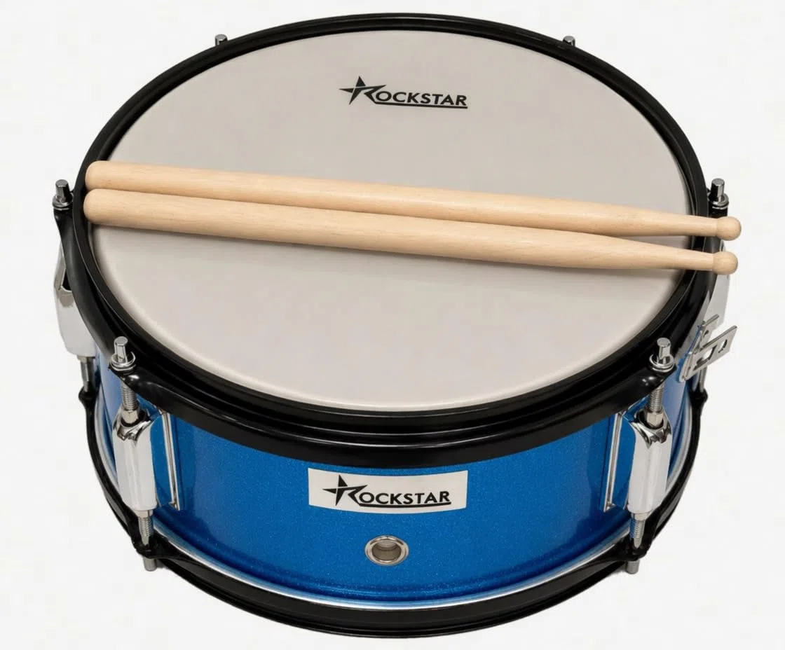 ROCKSTAR - Tambor de Madera Afinable SMS-1205BL 12" x 5" (30,5 x 12,7 cm) Caja de Marcha, Instrumento de Percusión con Bordón Ajustable, Correa y Baquetas Incluidas. Azul metalizado.