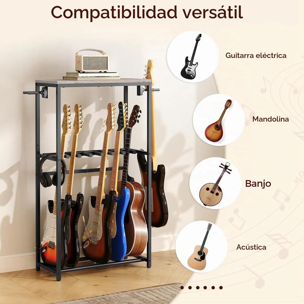 MAHANCRIS Soporte de Guitarra, Estantería para 7 Guitarras de Dos Niveles, para Guitarra Acústica, Guitarra Eléctrica, Bajo, Ukelele, Banjo, Revestimiento Protector de EVA, Gris AGSHG6701