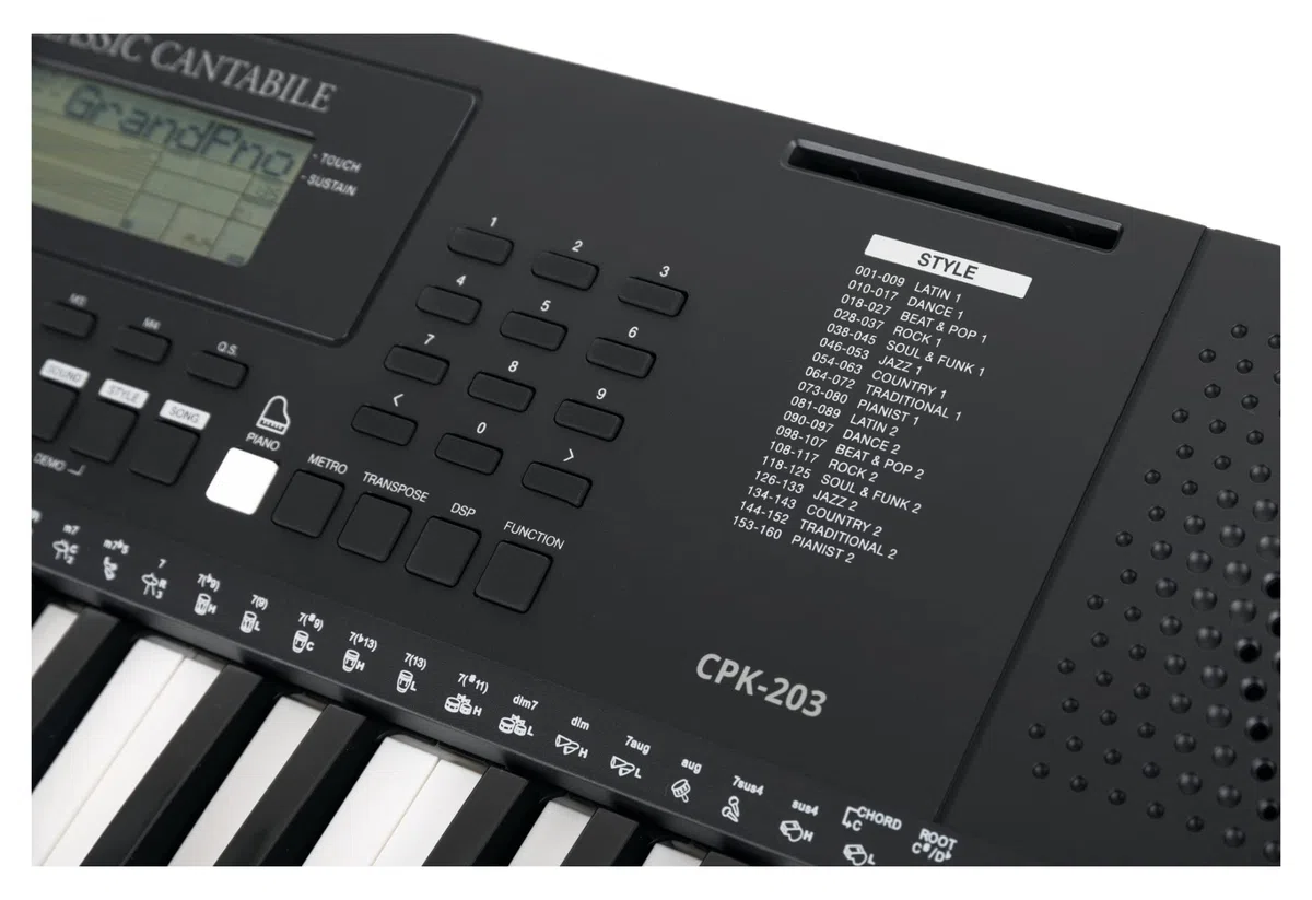 Classic Cantabile CPK-203 Keyboard, Polifonía de 64 notas, Voces: 480 | 61 teclas con respuesta táctil (3 niveles), Estilos: 160, Demos: 140, Canciones: 140, Tempo: 5-280 bpm, Función layer y split