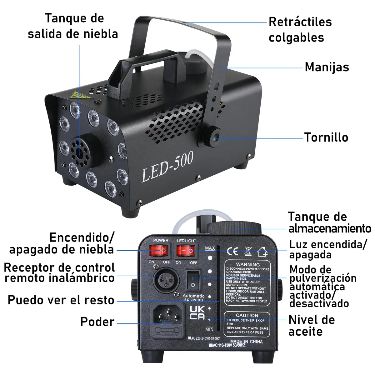 Máquina de Humo, 500W Máquina de Niebla Portátil, Máquina Humo con Remotos Inalámbricos, 10 Luces LED 13 Colores de Efectos RGB, para Halloween, Navidad, Fiesta, Bodas y DJ, etc