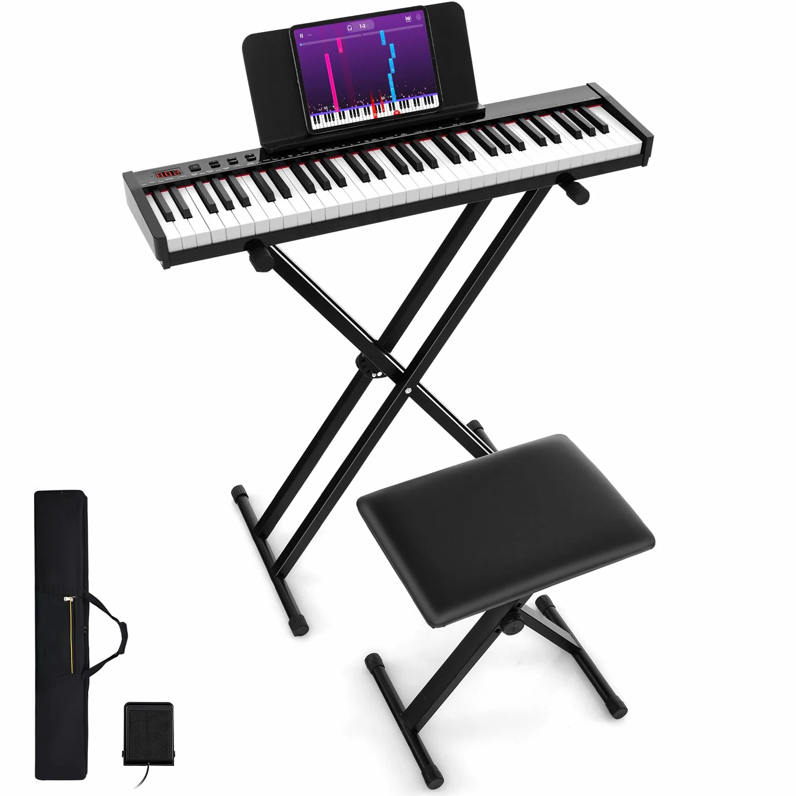 COSTWAY Teclado Electrónico de 61 Teclas con Taburete de Piano, Piano Electrico con Soporte para Teclado, Set de Piano Digital con Teclas Semi-Pesadas, Función de Audio MIDI Inalámbrica