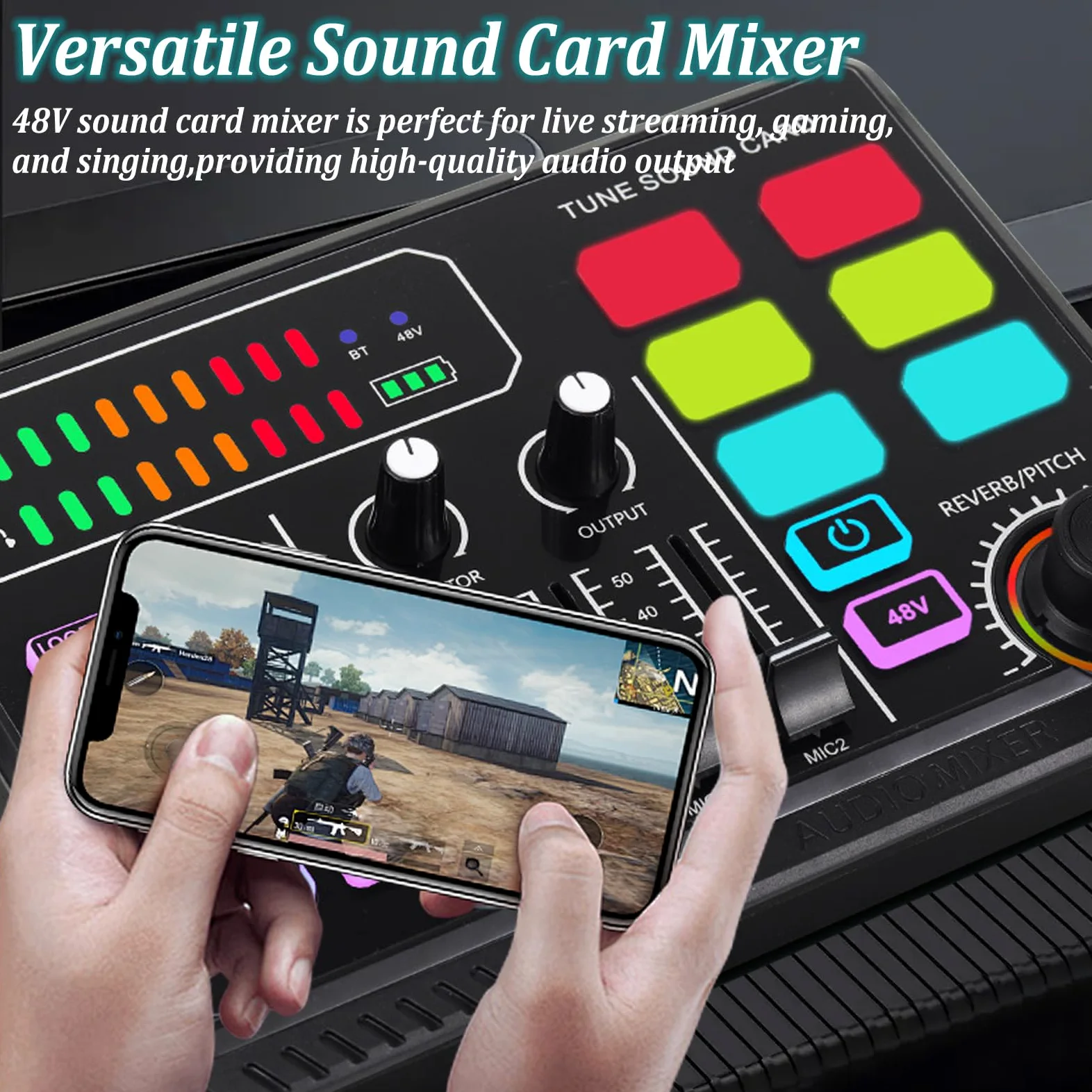 Mezclador de Audio Para Juegos con Alimentación Phantom de 48 V, Mezclador para PC, Streaming, Mezclador RGB para Micrófono Xlr,Mezclador de Audio para PC/Teléfono/Creadores de Juegos/Directo/Youtube