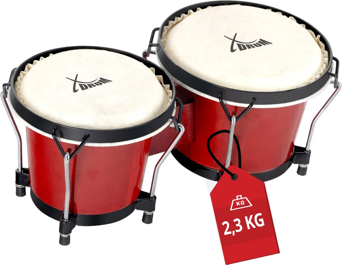 XDrum PERC Bongos Club Rojo Vino - 2 Tambores de 6" y 7" - Bongos con parches naturales afinables y llave de afinación - Tambores de madera rojo vino