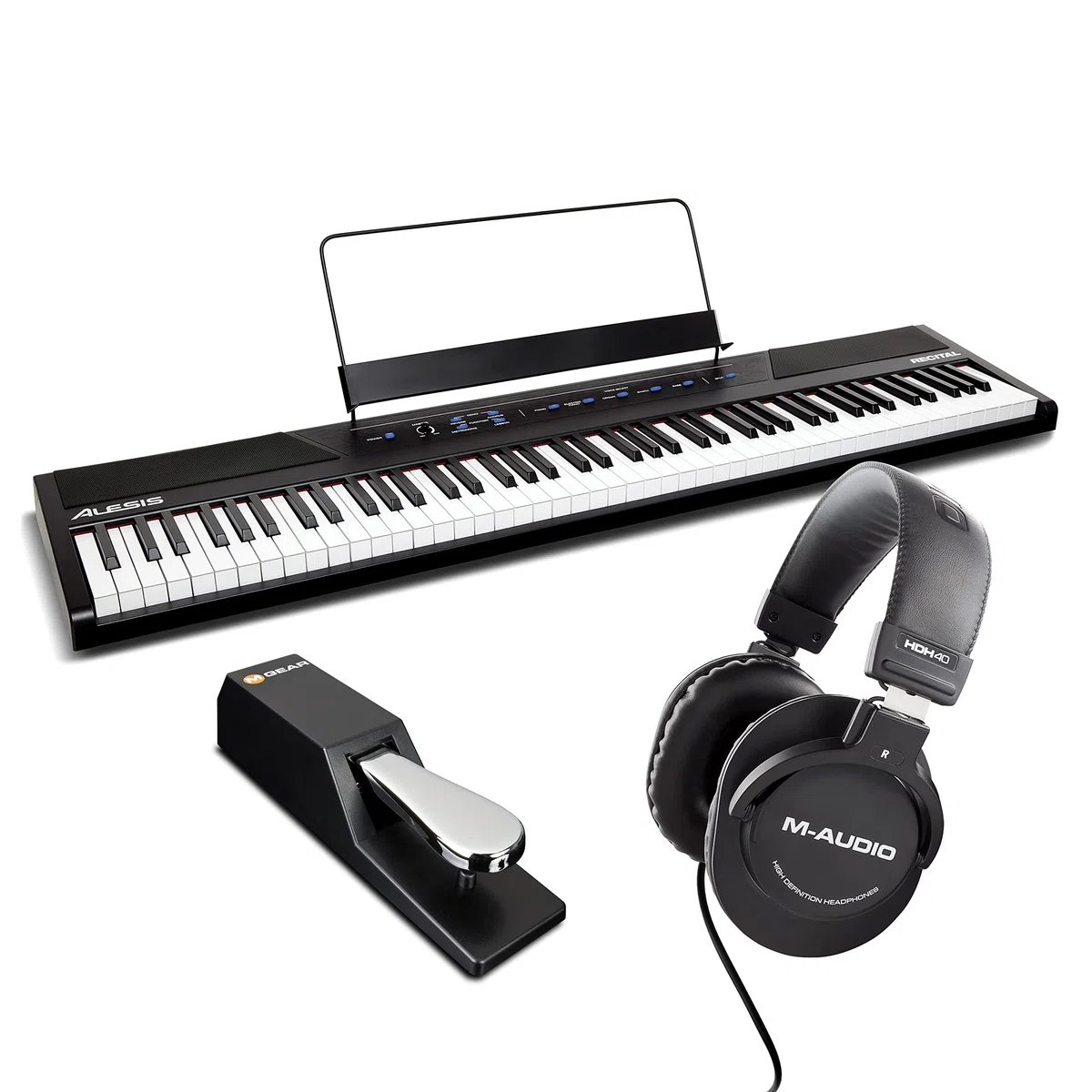 Alesis Recital con pedal de sustain SP-2 y auriculares de estudio HDH40 - Teclado de Piano Digital Eléctrico con 88 Teclas Semipesadas de Tamaño Completo, pedal de piano y auriculares