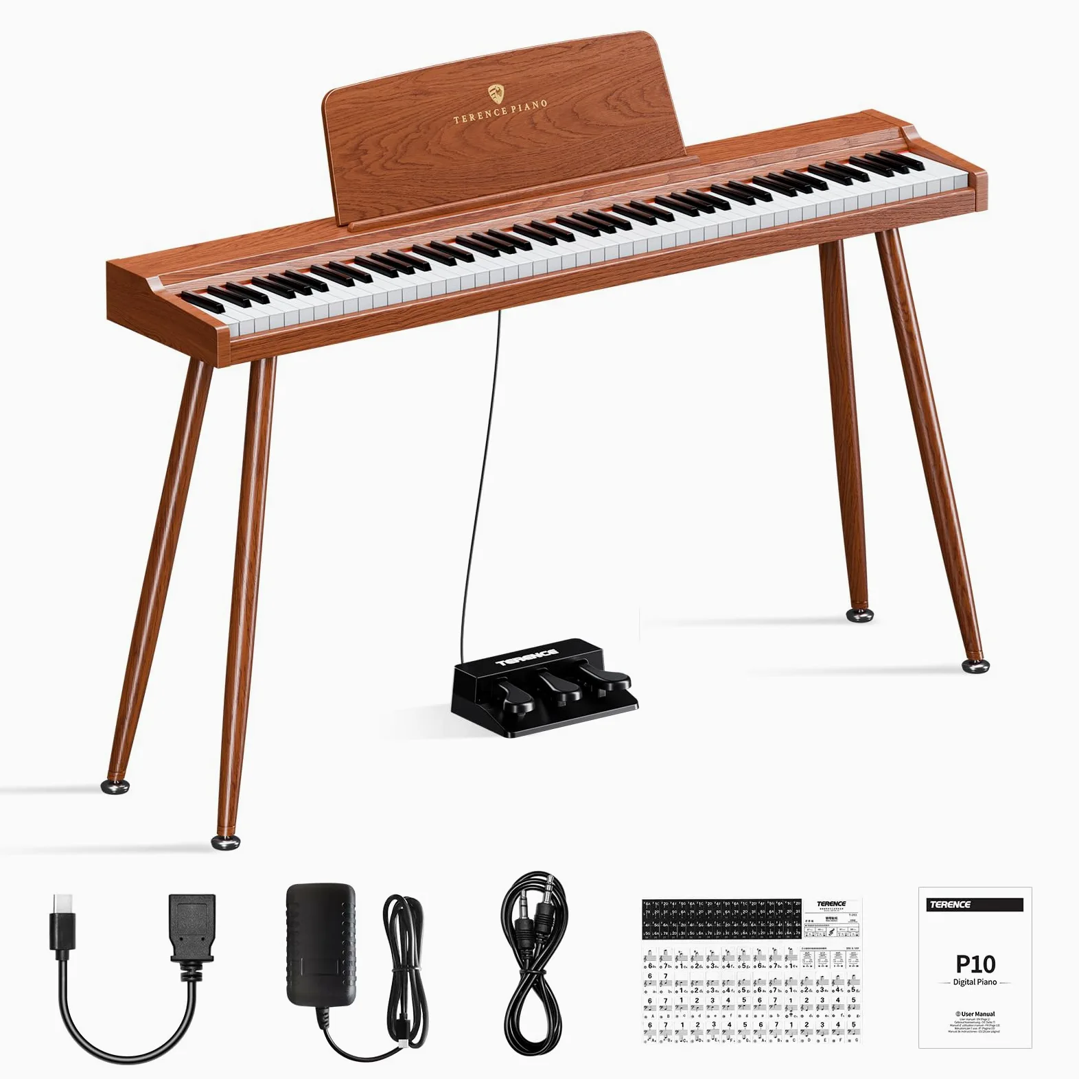 TERENCE P10 Teclado de Piano 88 Teclas Sensibles para Principiantes y Estudiantes | Sistema Triple Pedal, Altavoces 20W Estéreo, Conexión Doble Auriculares, Portátil para Hogar y Estudio