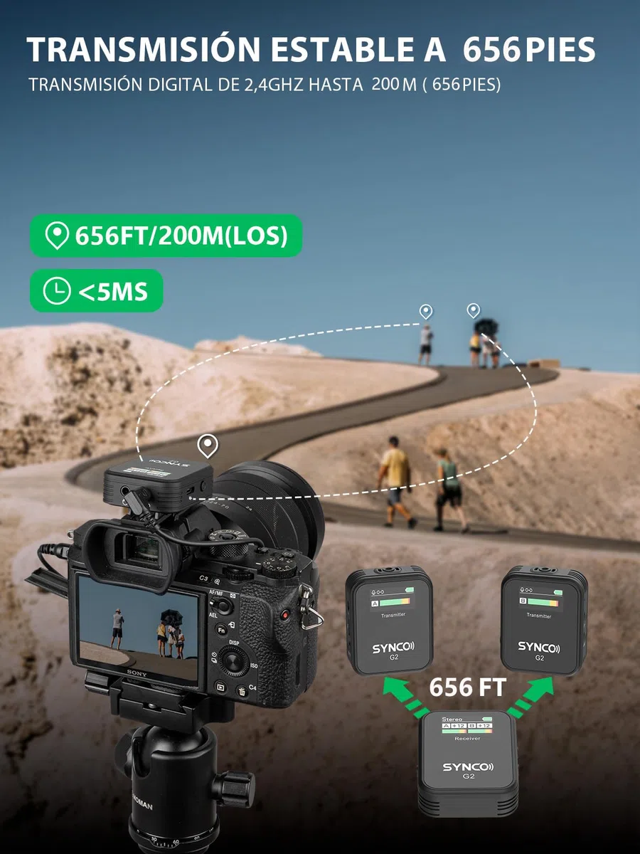 SYNCO Micrófono Solapa Inalámbrico Dual, G2 A2 Micro Corbata Wireless 2.4Ghz 200m Transmisión Compatible para Cámara DSLR Videocámaras Móviles y Tabletas, Corbata-Microfono-Solapa-Inalambrico-Sistema