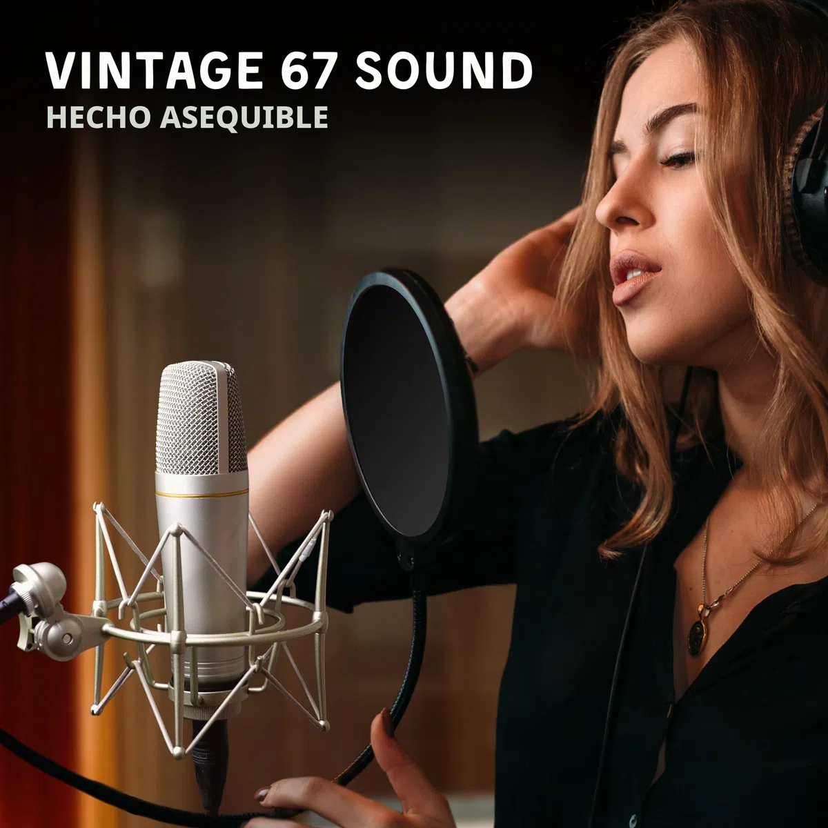 MA-67 Micrófono condensador de estudio dorado de 34 mm, incluye filtro Hydro Pop, soporte de metal, cable XLR y bolsa de micrófono - para producción musical