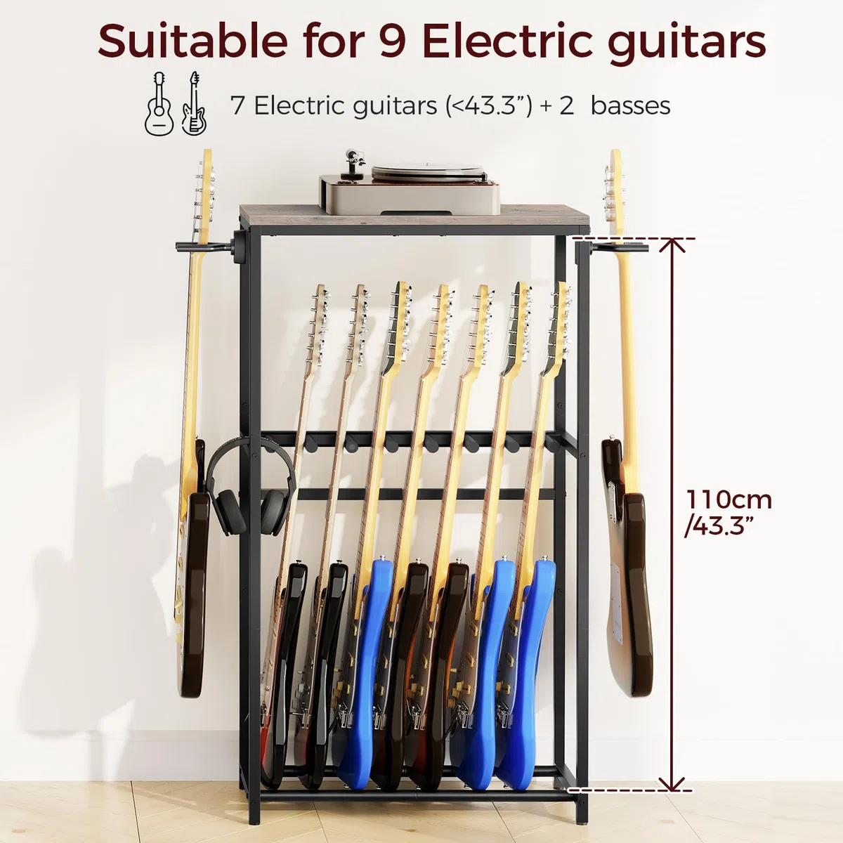 MAHANCRIS Soporte de Guitarra, Estantería para 7 Guitarras de Dos Niveles, para Guitarra Acústica, Guitarra Eléctrica, Bajo, Ukelele, Banjo, Revestimiento Protector de EVA, Gris AGSHG6701