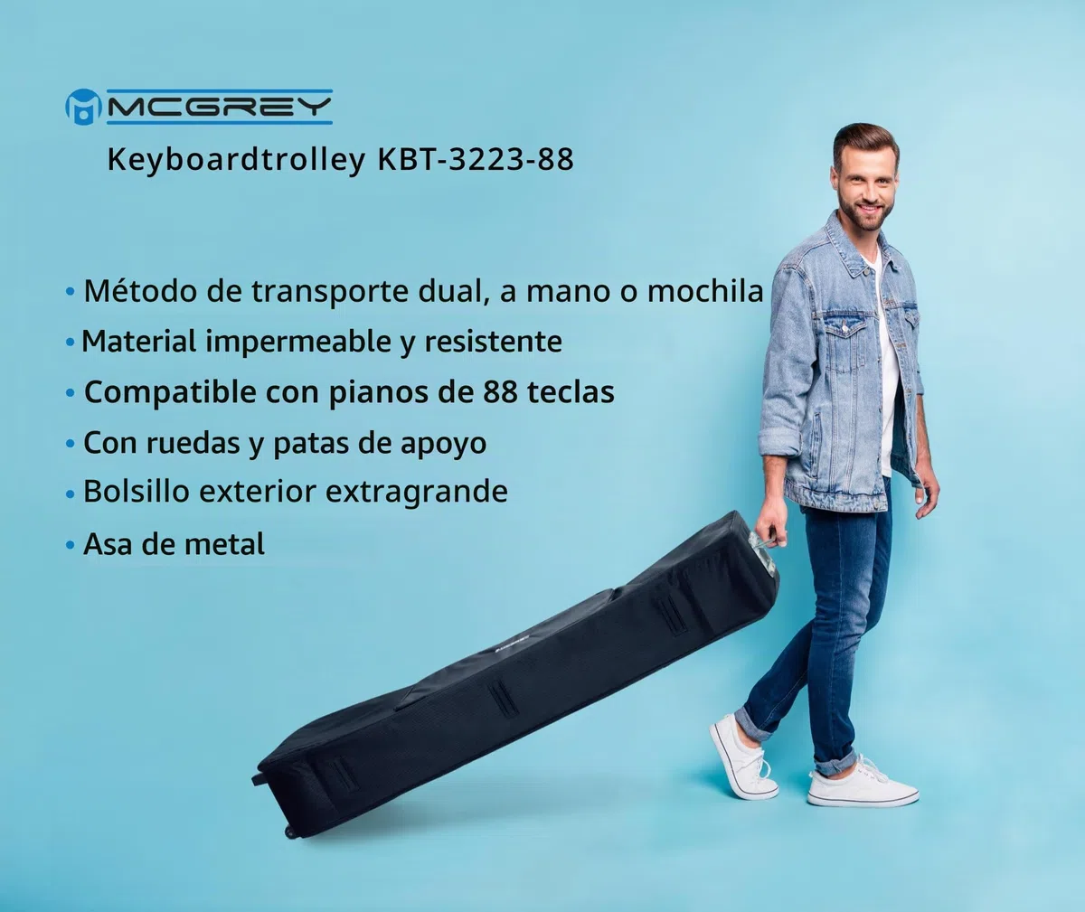 McGrey KBT-3223-88 Carro de transporte con ruedas para teclado y piano con 88 teclas, ligero, cómodo y resistente, acolchado interior grueso, mochila acolchada, impermeable, negro