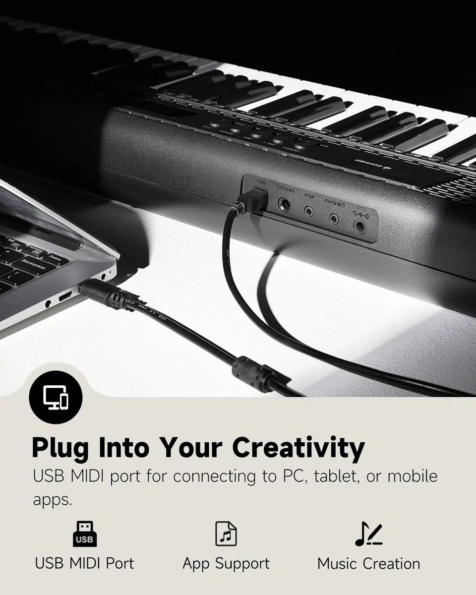 Donner Piano de teclado de 61 teclas, paquete de teclado eléctrico portátil, piano digital para principiantes con USB MIDI, altavoces integrados, auriculares, soporte X, bolsa de transporte, 300 tonos