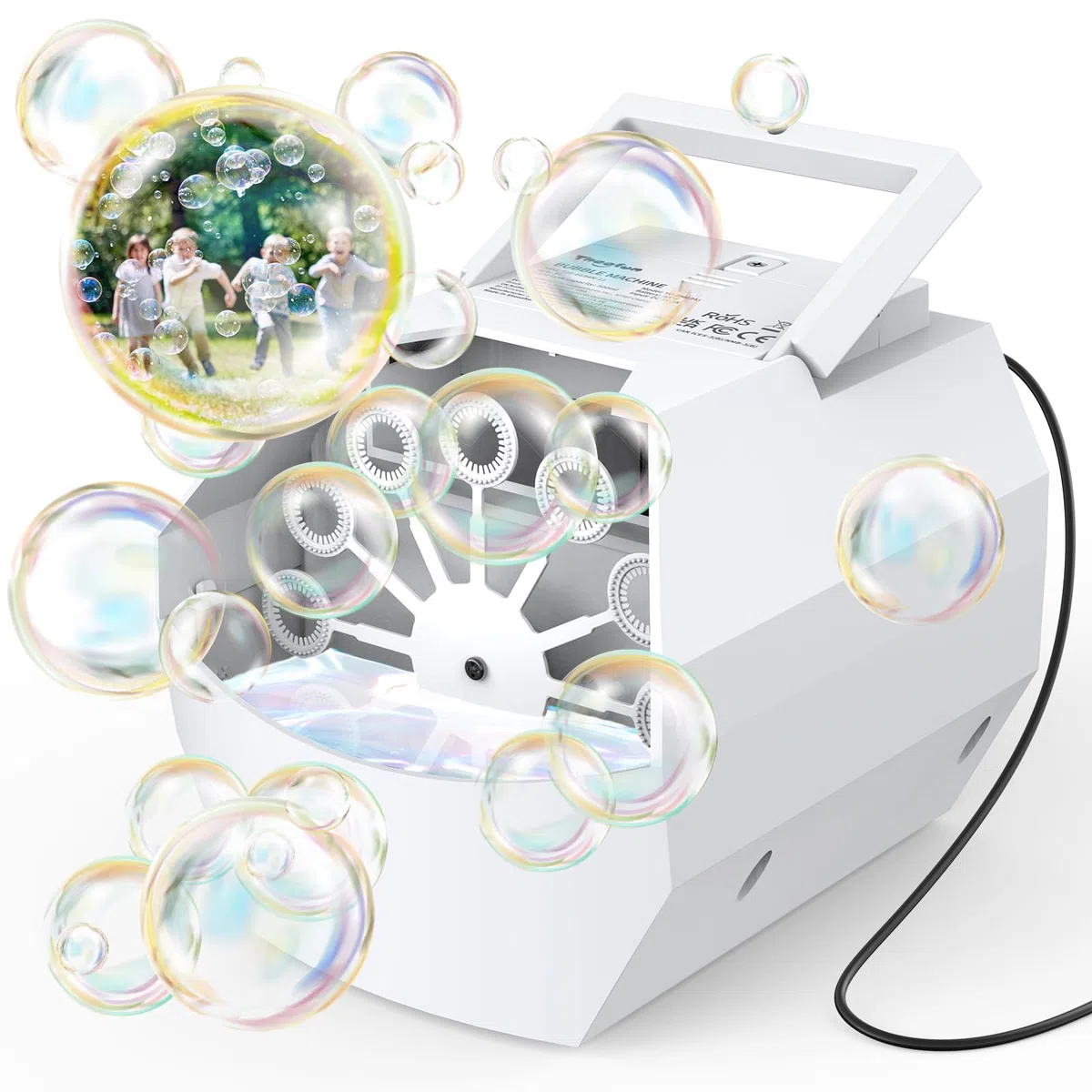 Theefun Máquina de burbujas, soplador automático de burbujas de 500 ml, juguete eléctrico portátil de burbujas para niños y niñas, al aire libre, interiores, fiestas, bodas, cumpleaños, alimentado por
