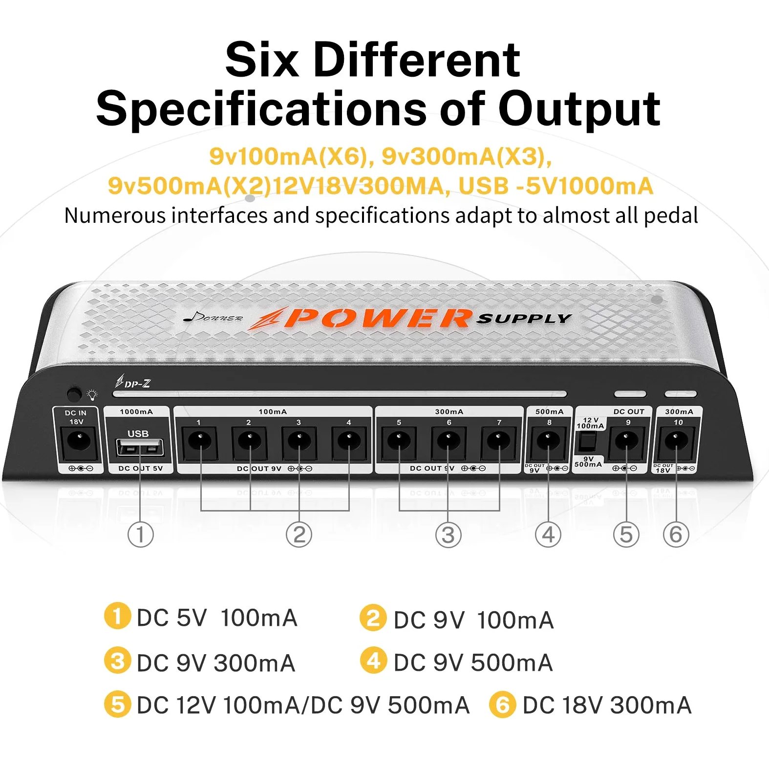 Donner DP-Z Fuente de alimentación para pedales de guitarra de 9V 10 salidas DC aisladas con puerto USB para pedales de efectos de 9V/12V/18V DC 18v 2000m de entrada