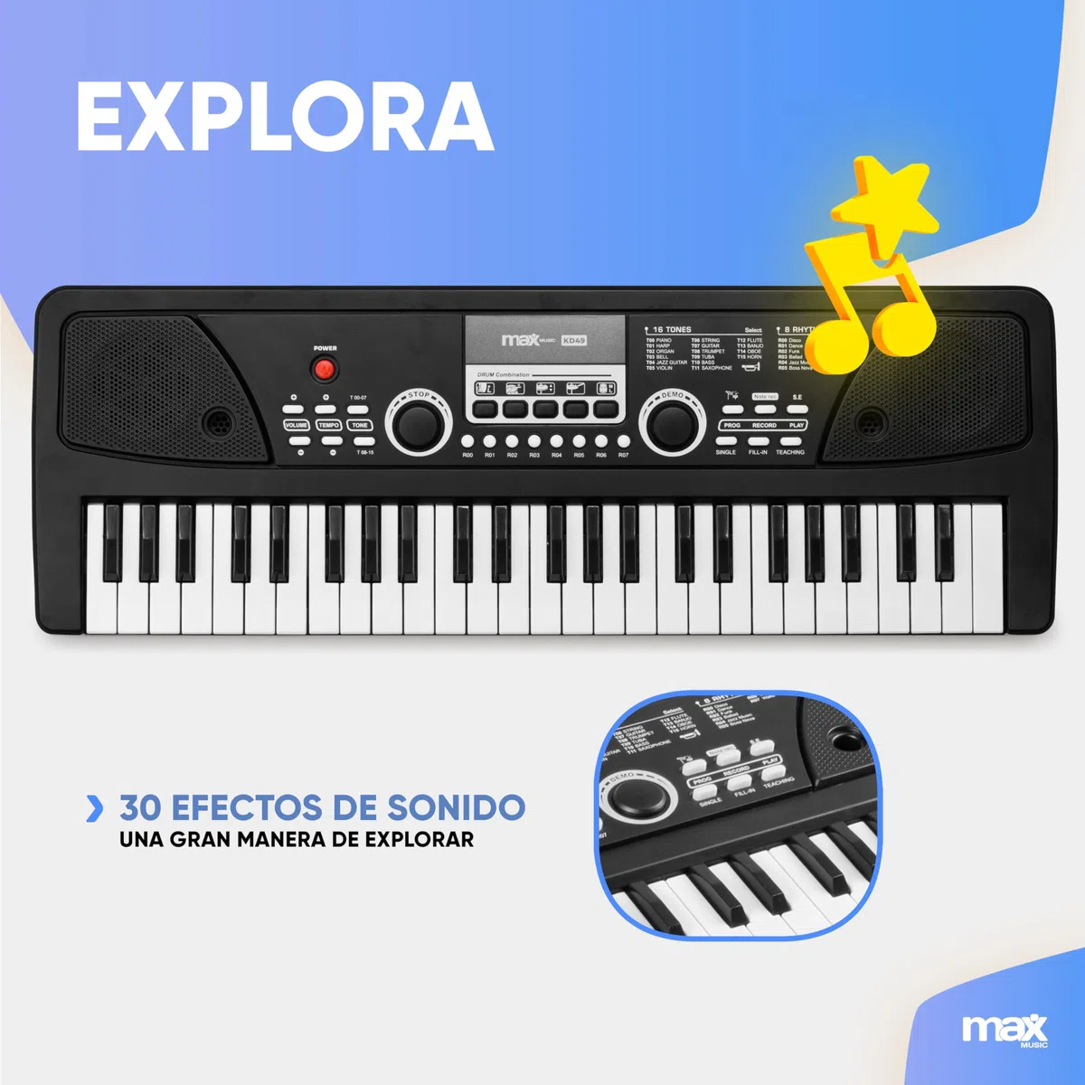 MAX KD49 – Teclado electrónico 49 teclas con batería recargable, micrófono incluido, 16 sonidos y 8 ritmos, función aprendizaje, grabación, USB,portátil y compacto, iniciación musical, color negro