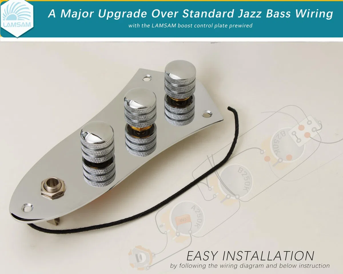 Placa de control precableada para bajo jazz, placa de control de bajo J cargada con arnés de cableado, potenciómetros de empuje y tracción, conector de salida de contacto completo, como piezas