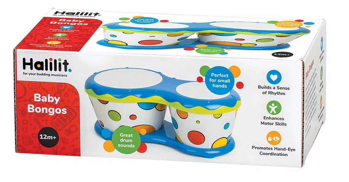 Halilit Baby Bongo Drum. Light & Robust Kids Toy Musical Instrument. 5 Pitches. Promotes Hand-Eye Coordination & Motor Skills. 12 months+ Colours vary, 1 Count (Pack of 1)