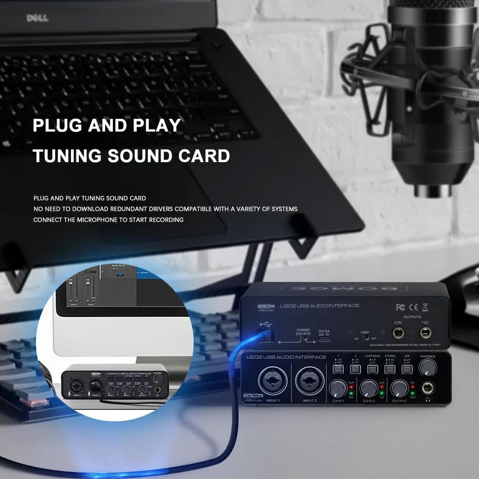 BOMGE U202 Interfaz de audio USB con preamplificador de micrófono XLR/TSR/TS, 48V, resolución de 32 bits/192kHz para grabación en computadora, streaming, podcasting