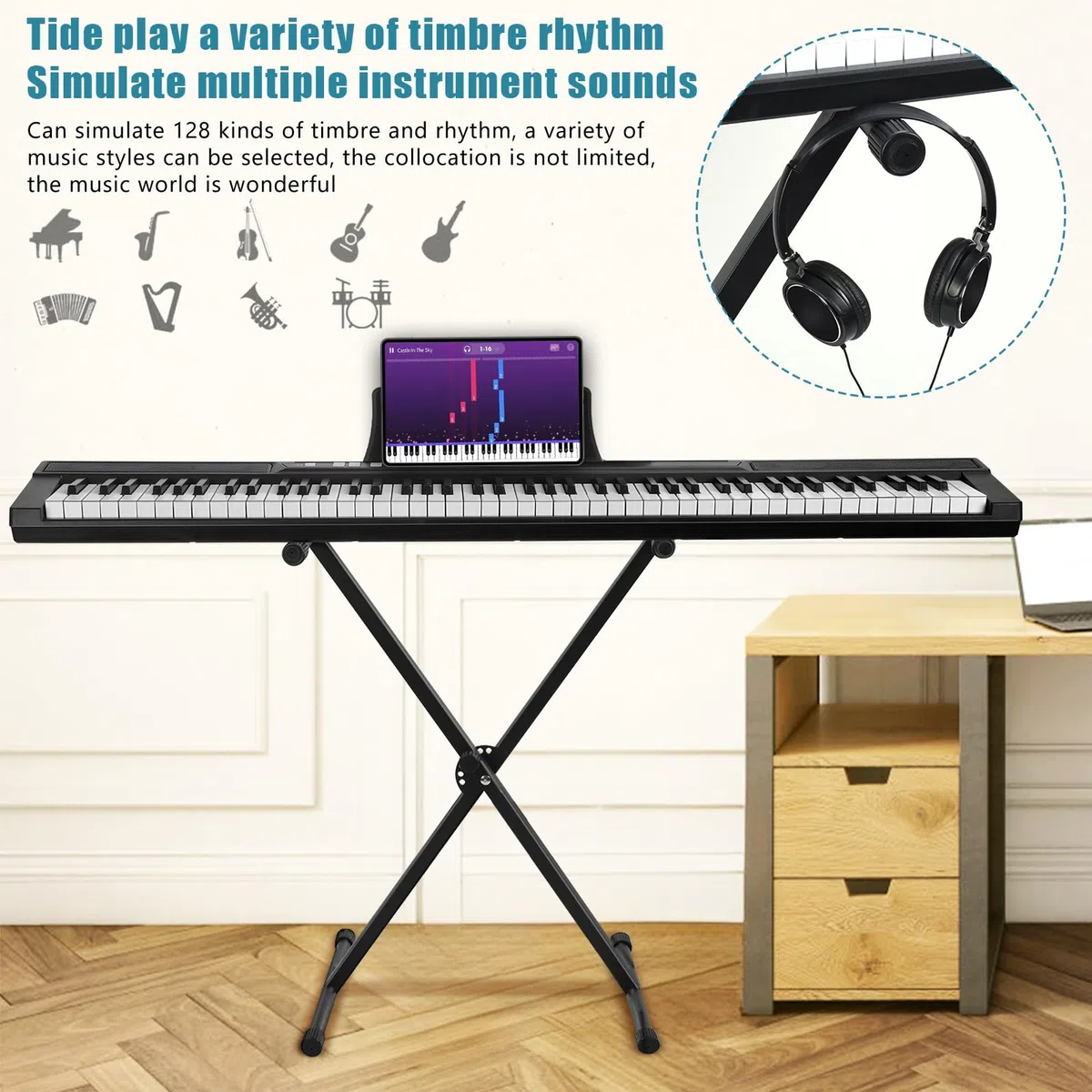 Piano digital de 88 teclas, teclado semi-pesado de tamaño completo con pedal de sustain y alimentación, piano eléctrico portátil para principiantes profesionales, incluye soporte, estuche de