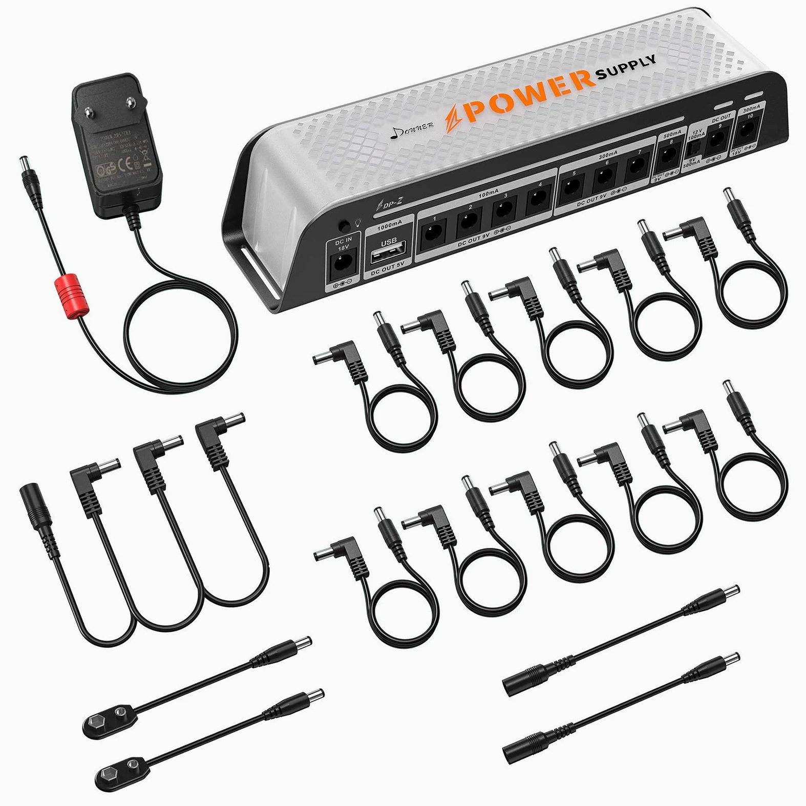 Donner DP-Z Fuente de alimentación para pedales de guitarra de 9V 10 salidas DC aisladas con puerto USB para pedales de efectos de 9V/12V/18V DC 18v 2000m de entrada