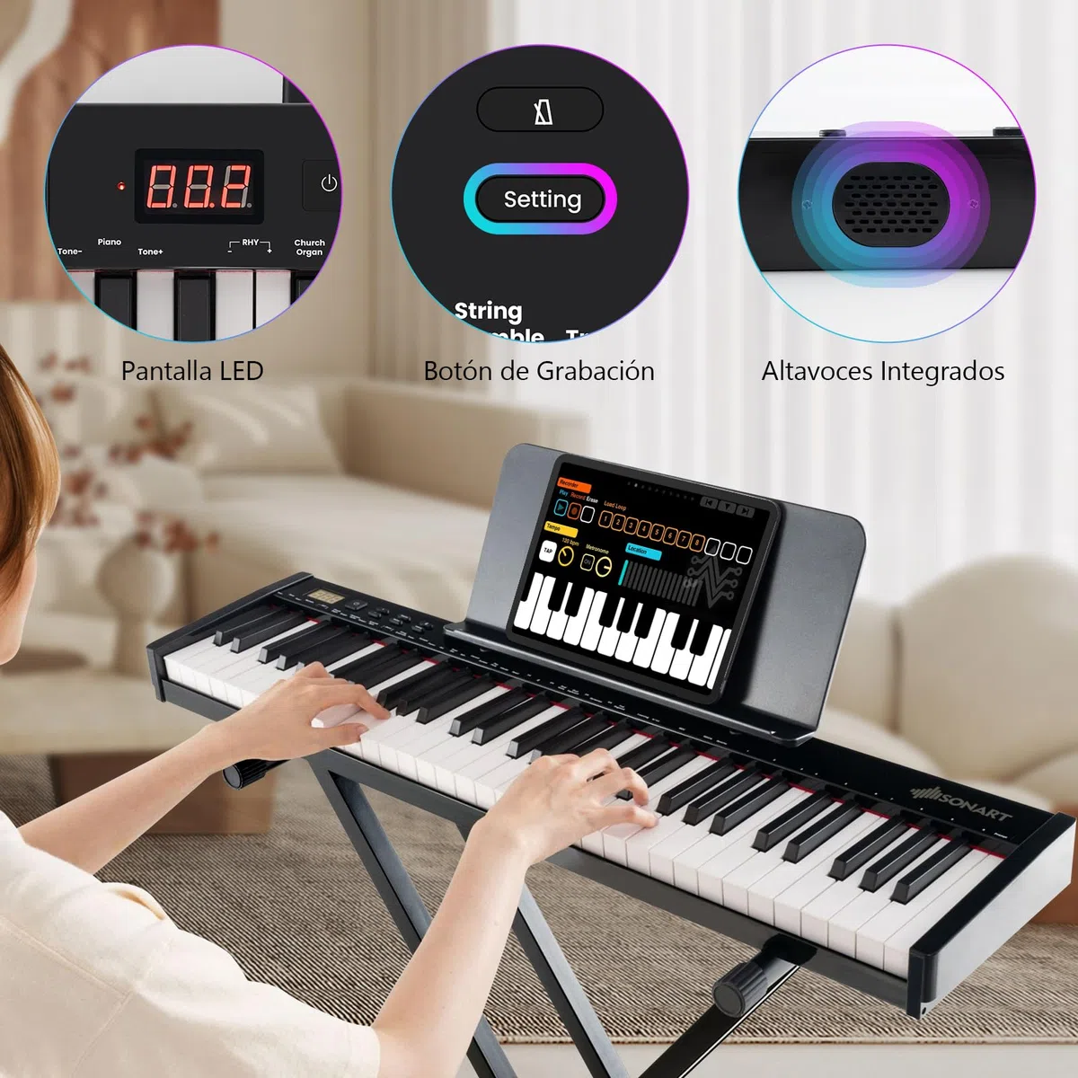 GOPLUS Teclado de Piano Eléctrico de 61 Teclas, Piano Digital con Soporte Ajustable y Taburete Teclas Semi-Pesadas, Función MIDI Audio Inalámbrica, Atril, Pedal de Sustain, Bolsa Portátil, Negro
