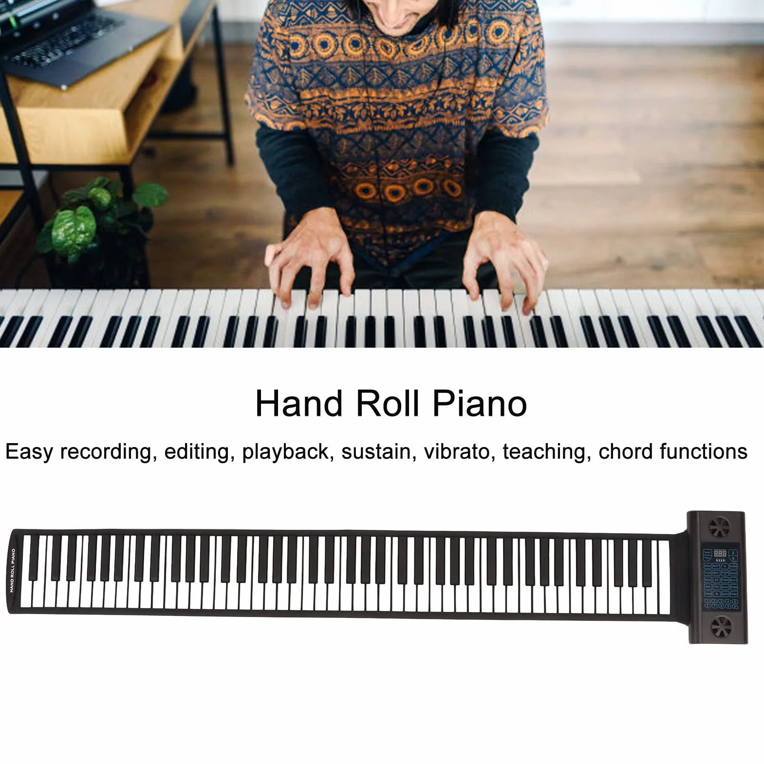Teclado de Piano Enrollable de 88 Teclas, 28 Tonos, 128 Ritmos, 14 Canciones de Demostración, Función Bluetooth MIDI, Pantalla de Tubo Digital LED, Piano Eléctrico Portátil Plegable para(Negro)