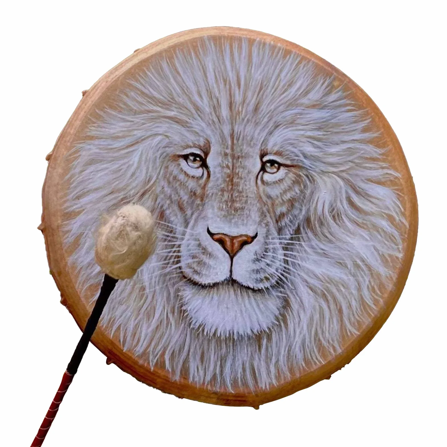Tambor Chamán Hecho a Mano con Patrón de León, Instrumento Espiritual para Curación con Sonido (León)