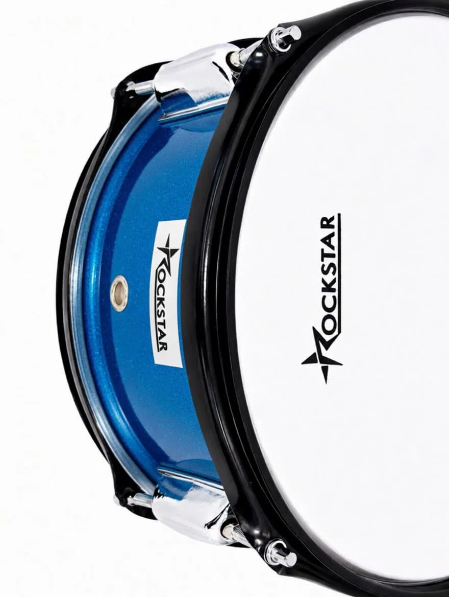 ROCKSTAR - Tambor de Madera Afinable SMS-1205BL 12" x 5" (30,5 x 12,7 cm) Caja de Marcha, Instrumento de Percusión con Bordón Ajustable, Correa y Baquetas Incluidas. Azul metalizado.