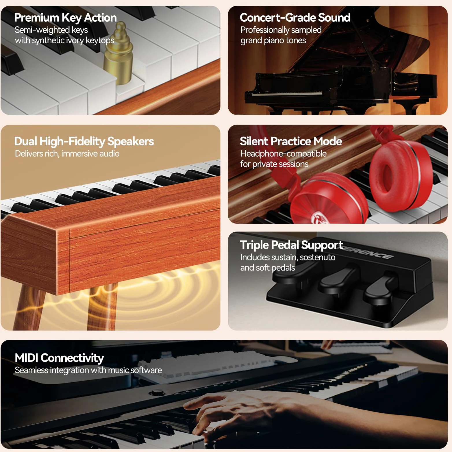 TERENCE P10 Teclado de Piano 88 Teclas Sensibles para Principiantes y Estudiantes | Sistema Triple Pedal, Altavoces 20W Estéreo, Conexión Doble Auriculares, Portátil para Hogar y Estudio