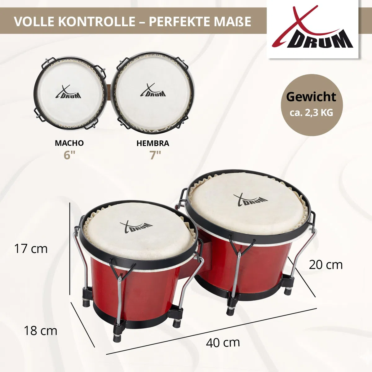 XDrum PERC Bongos Club Rojo Vino - 2 Tambores de 6" y 7" - Bongos con parches naturales afinables y llave de afinación - Tambores de madera rojo vino