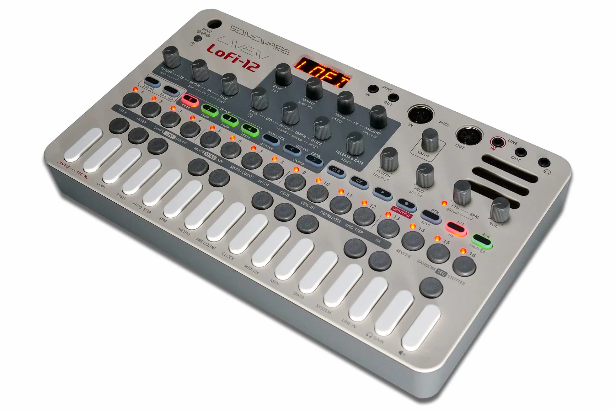 Sonicware LIVEN Lofi-12 [Lo-fi Groovebox & Sampler] Muestreo retro con modo sampler de 12 bits, secuenciador por pasos de 4 pistas, 10 voces, 12 efectos de pista + 9 efectos maestros