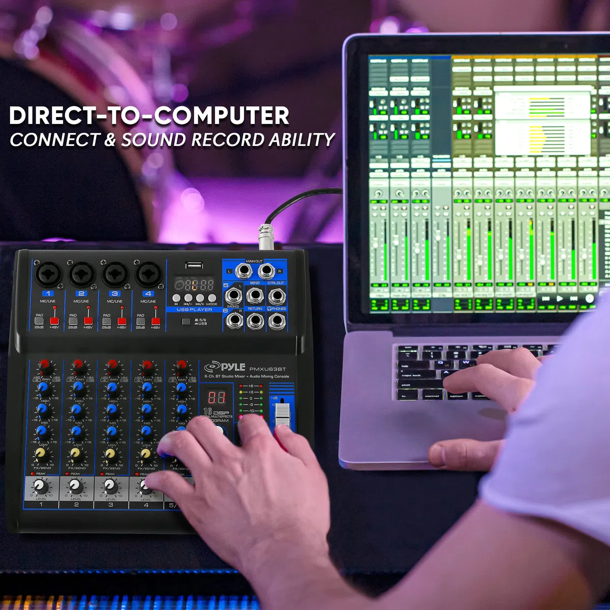 Pyle Consola de placa de sonido mezcladora de audio profesional, interfaz de sistema de escritorio con 6 canales, USB, Bluetooth, entrada de computadora digital MP3, alimentación fantasma de 48 V