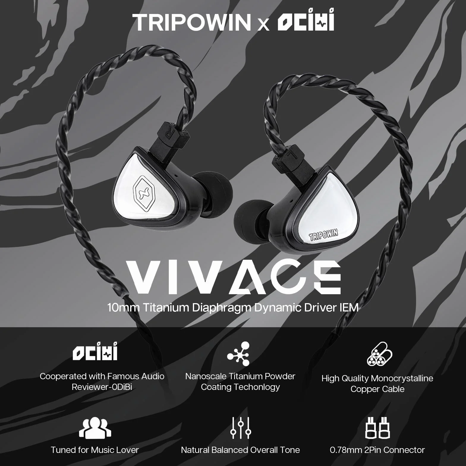 Linsoul Tripowin x 0DiBi: Vivace Monitor in Ear, 10mm diafragma Titanio Controlador dinámico IEM, HiFi Auriculares con Cable, Auriculares para Juegos Desmontable 2Pin para músicos entusiastas