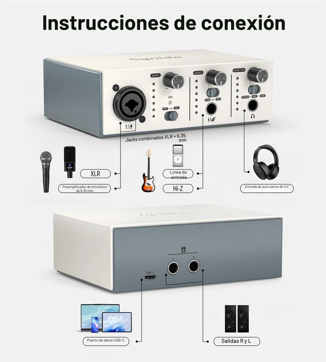 Synido Interfaz de audio USB C para grabación de música, streaming, podcasting con XLR, entrada de línea, 24 bits/48 kHz, alimentación fantasma de 48 V, 2 canales, color plateado