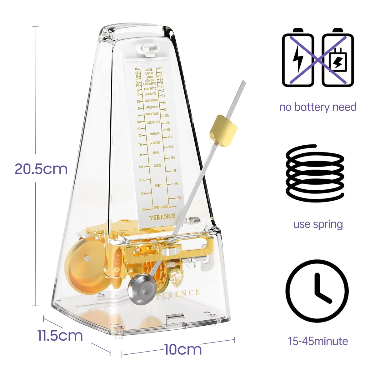 TERENCE Metrónomo Mecánico para Piano Guitarra Bass Bajo Ukulele Batería Drum Violín Metronomo Metálico con sincronización exacta y tempo transparente