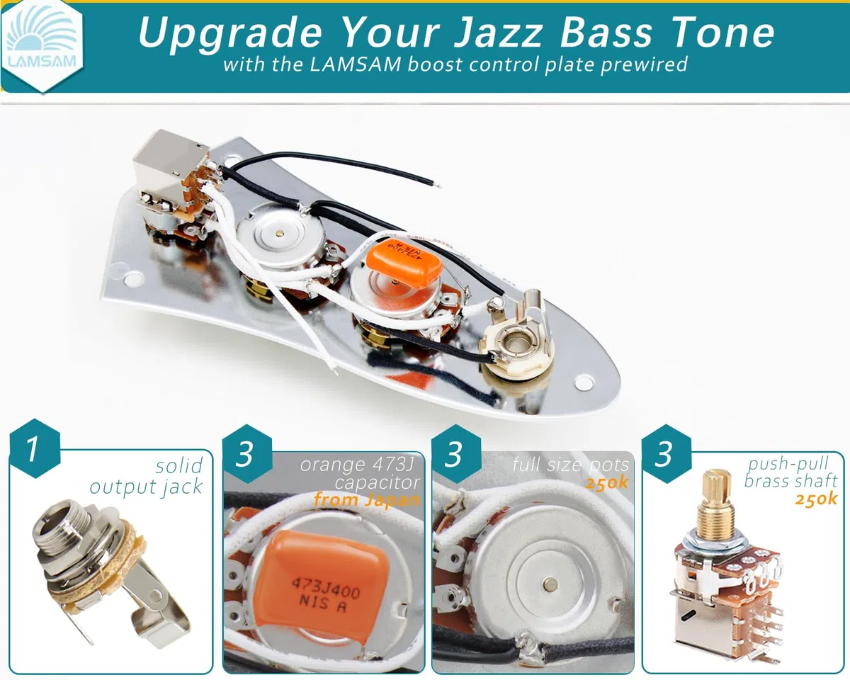 Placa de control precableada para bajo jazz, placa de control de bajo J cargada con arnés de cableado, potenciómetros de empuje y tracción, conector de salida de contacto completo, como piezas