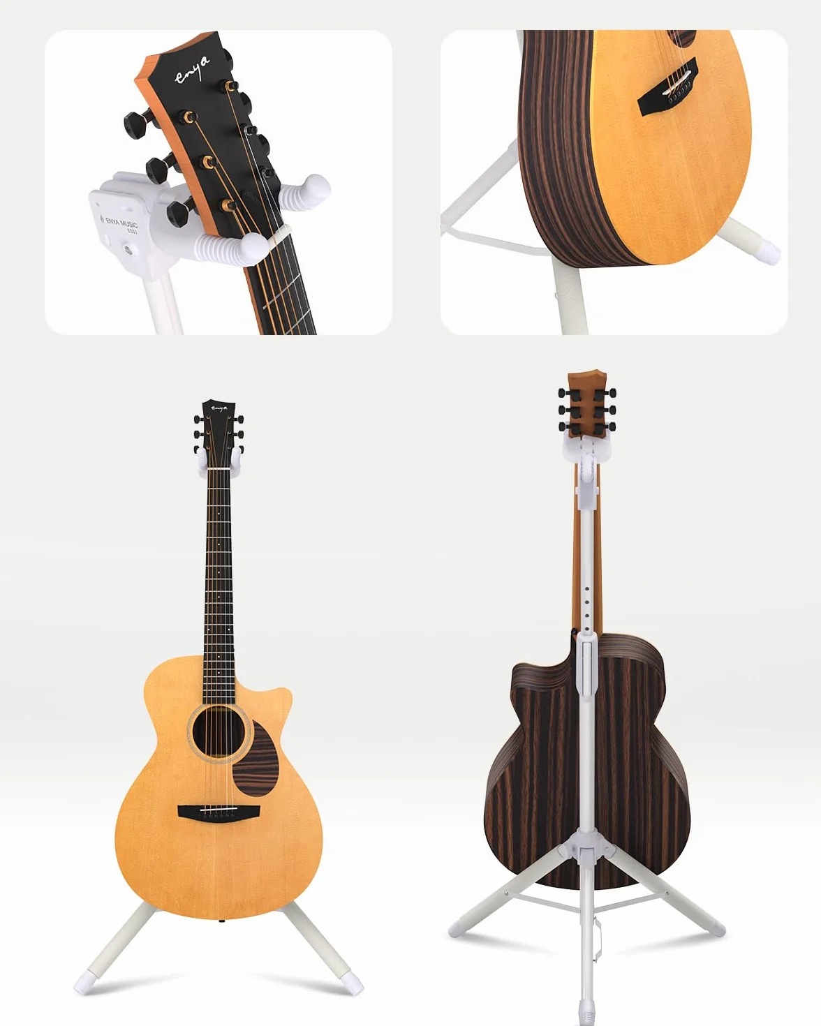 ENYA Soporte ajustable para guitarra (de 76 a 99 cm) con gancho automático, de acero inoxidable, acolchado antideslizante y diseño de tres patas para guitarras acústicas y eléctricas.