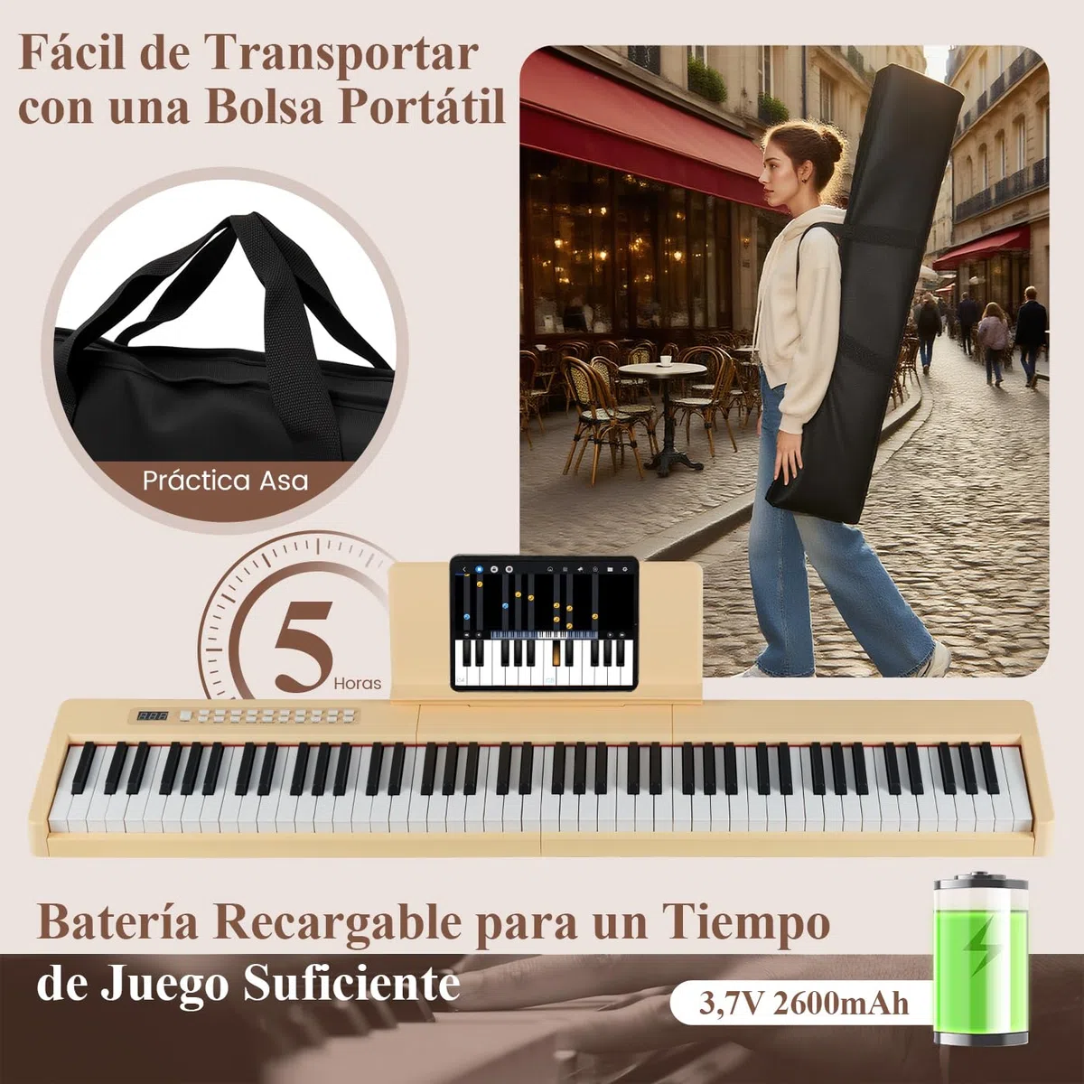 COSTWAY Teclado Plegable de 88 Teclas, Piano Eléctrico Portátil Sensible a la Velocidad, Piano Digital de Tamaño Completo, MIDI, Pedal de Sostenido, Soporte para Música y Bolsa de Transporte (Natural)